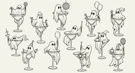 Vector art of whimsical ghostly cocktail glass characters illustrated