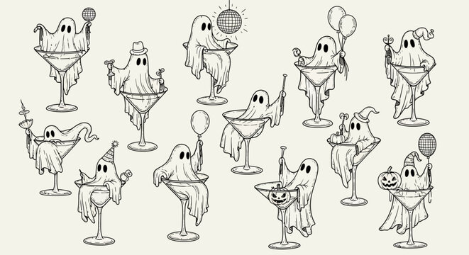 Vector art of whimsical ghostly cocktail glass characters illustrated