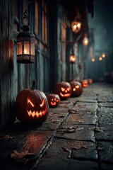 Fototapeta premium Row of glowing pumpkin carvings on a misty evening street
