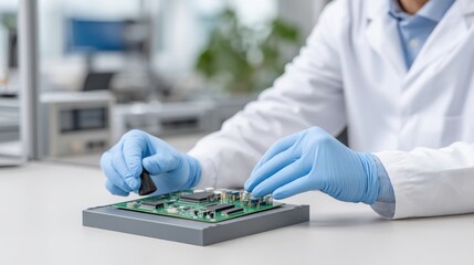 EV charging station technician A technician assembles a circuit board while wearing protective gloves in a modern lab setting.