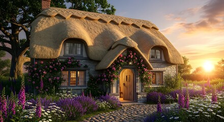 Enchanting thatched cottage bathed in warm golden hour sunset light