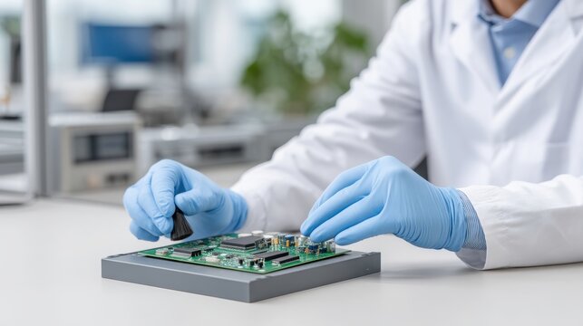 EV charging station technician A technician assembles a circuit board while wearing protective gloves in a modern lab setting.