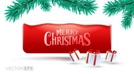 Festive Merry Christmas Banner with Snowy Fir Branches and Gifts.