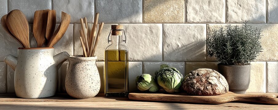 Rustic kitchen counter with olive oil, bread, vegetables and herbs in sunlit scene