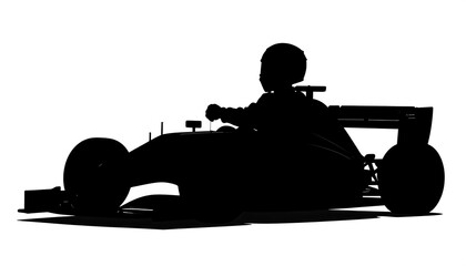 Black silhouette of a race car with driver on white background