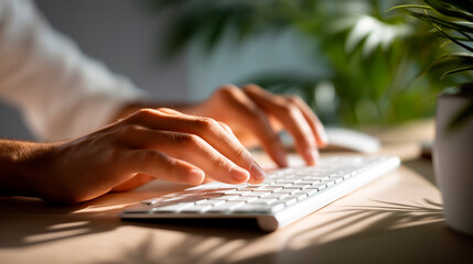 close crop of hands aligning a wireless keyboard and trackpad on a felt desk mat cable free setup soft window light plant shadow patterns defocused across background
