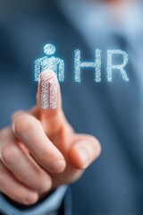 Business professional touches digital HR icon representing human resources and modern workforce