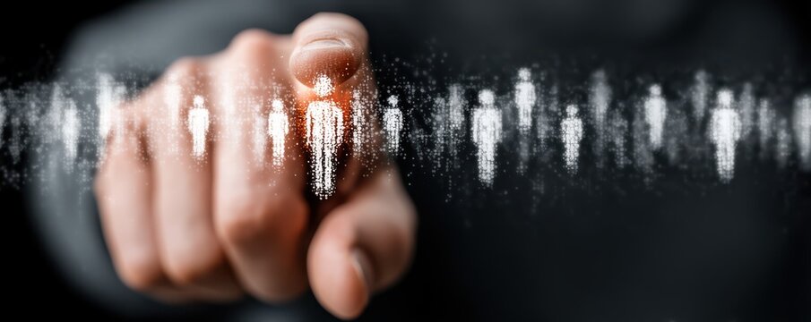 Business leader interacts with a futuristic virtual screen featuring holographic figures and digital connectivity for innovation and teamwork