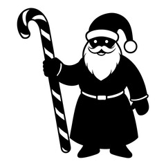Santa Claus silhouette holding a candy cane symbol of Christmas holiday spirit festive season and winter celebration with traditional icon in black and white design