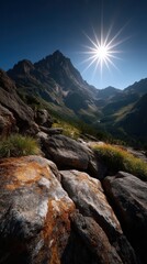 Fototapeta premium Stunning Mountain Landscape Under Brilliant Sunlight with Dramatic Rock Formations and Lush Green Valleys in a Serene Outdoor Setting