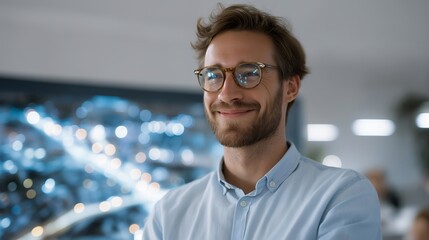 Urban planner smiling while simulating smart traffic flow scenarios, symbolizing AI-driven city management, predictive analytics, and emotional satisfaction from efficient urban solutions.