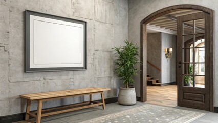 Large empty picture frame above a wooden bench in a hallway with an arched doorway