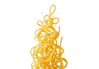 Energetic Spaghetti Swirl: Fresh Cooked Pasta Rising Dynamically on White Background