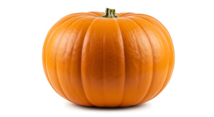 Obraz premium Close up of orange pumpkin with a green stem isolated on white background
