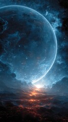 Enigmatic Celestial Landscape with Glowing Horizon and Cosmic Elements in an Ethereal Night Sky