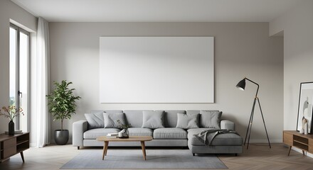 Living room interior mock up with modern furniture and empty wall for artwork or poster design. Minimalist 3D illustration of stylish contemporary home decor, cozy sofa, lamp and wooden table setup.