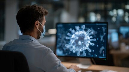 Hacker-style visualization of computer virus spreading on a network interface, with cybersecurity analyst observing, symbolizing malware propagation, digital threat analysis, and virus containment