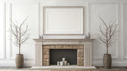Classic stone fireplace with a blank framed artwork above, flanked by decorative branches