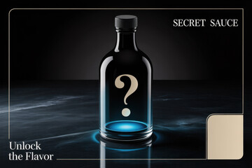 Mystery sauce bottle with illuminated question mark on dark background