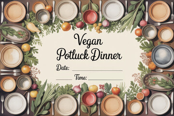 Colorful vegan potluck dinner invitation with rustic table setting and fresh vegetables