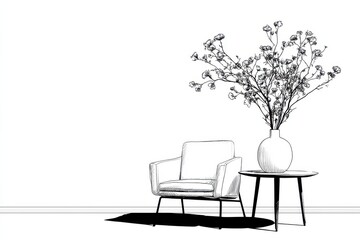 Fototapeta premium Minimalist one-line drawing of an armchair beside a round table with a large vase and branches for modern interior decor