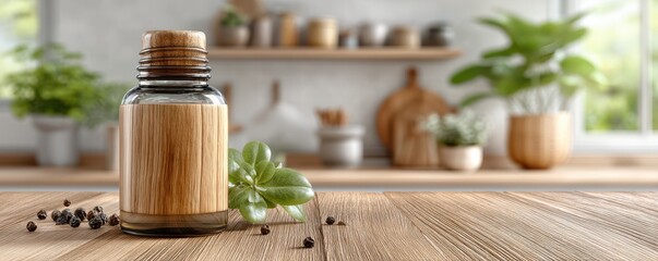 Minimalist essential oil bottle on wooden table with herb sprig in bright kitchen