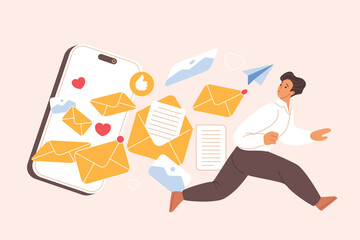 Fototapeta premium Spam overload, information, infobesity, infoxication detected. Tiny overwhelmed businessman running away in stress from attack of mail messages on smartphone screen cartoon vector illustration