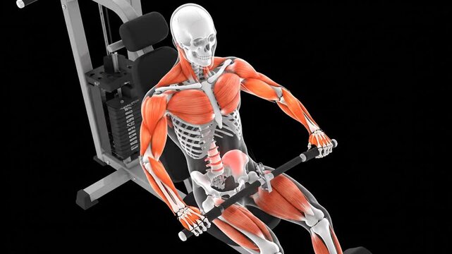 Detailed 3D Animation Showing Skeletal and Muscular System Action During a Seated Row Gym Exercise.