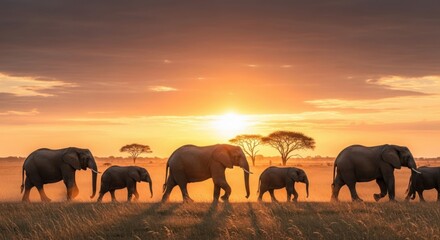 African elephants walking at sunset in the savanna nature wildlife scenery