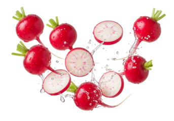 Dynamic Splash of Fresh Red Radishes, Whole and Sliced, Isolated on White Background