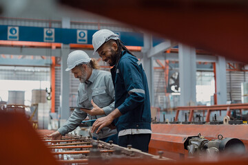 Engineers and staff are inspecting systems and components in a metal sheet and metal roofing...