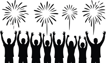 Celebration crowd silhouette fireworks event party people hands up festive cheer joy excitement night sky
