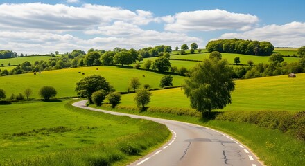 Serene countryside road winding through lush green rolling hills under a cloudy sky