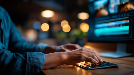 over shoulder of hands dragging a timeline clip in a video editor interface abstracted and brandless studio lamp cones defocused composition with upper margin free
