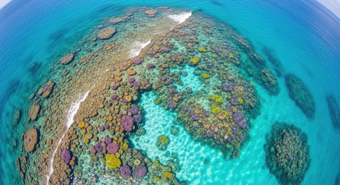 Aerial view of vibrant coral reef in clear turquoise ocean waters great barrier reef