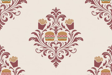 Fototapeta premium Elegant fast food motif seamless pattern with burgers and fries in ornate design