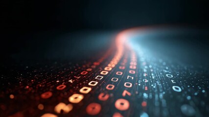 Digital data stream in vibrant orange and blue flowing across dark background, displaying binary digits with dynamic, futuristic information transfer visualization - Powered by Adobe
