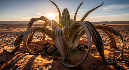 Welwitschia Mirabilis Plant in Namib Desert at Sunset.