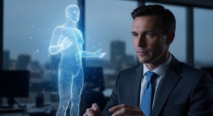 Man in suit looking at blue digital human hologram in office with city skyline background view outside window