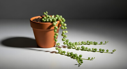 A beautiful String of Pearls succulent plant trailing from a terracotta pot.