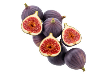 Fresh Ripe Purple Figs: Whole and Sliced Halves Isolated on White Background, Showcasing Vibrant Red Pulp and Seeds
