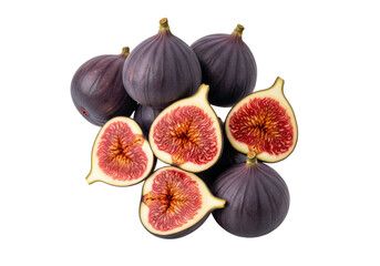 Fresh Ripe Purple Figs: Whole and Halved with Sweet Red Pulp, Isolated on White Background