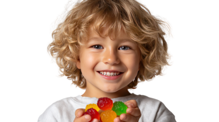Boy holding jelly, feeling happy, transparent background