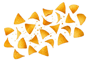 Delicious Golden Nacho Tortilla Chips and Crumbs Scattering in Air on White Background