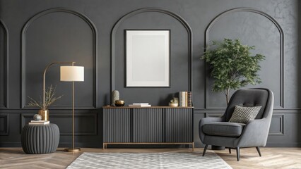 Sophisticated dark grey living room with a plush armchair, console table, and arched wall detail