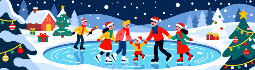 Obraz premium Families ice skating in snowy Christmas landscape illustration