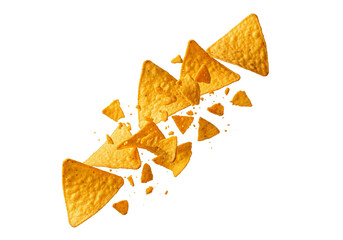 Nacho Cheese Tortilla Chips Flying and Breaking on White Background