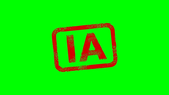 Appearance of a dirty red stamp mark "IA" (AI in french) surrounded by a rounded frame from above on a green screen with alpha channel