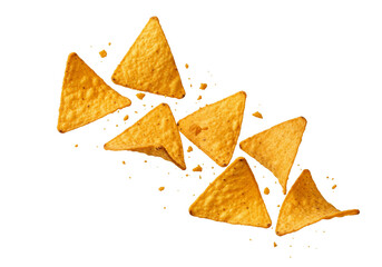 Dynamic Golden Nacho Cheese Tortilla Chips Falling with Seasoning Crumbs, Isolated on White Background. Crispy Snack Food.