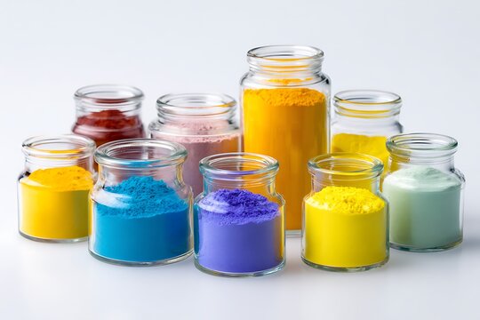 Assortment of Colorful Powder Pigments in Glass Jars on White Background Display